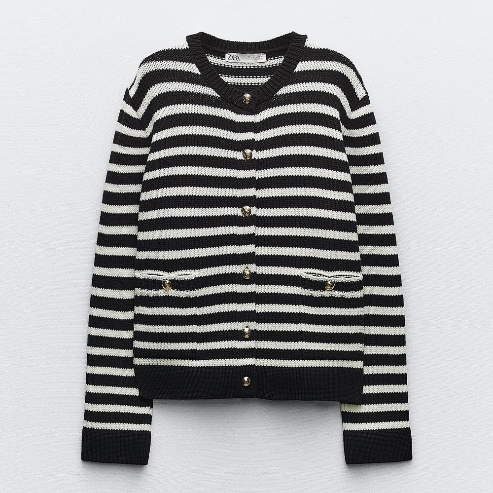 New Zara Striped Knit Cardigan With Gold Buttons